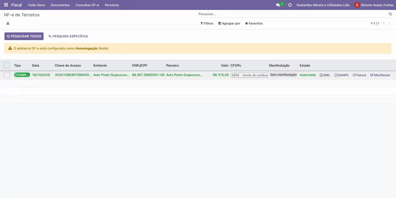 No Fiscal, abra NF-e de Terceiros e clique em XML na nota do Auto Posto Guapuruvu: confira chave, número e total.