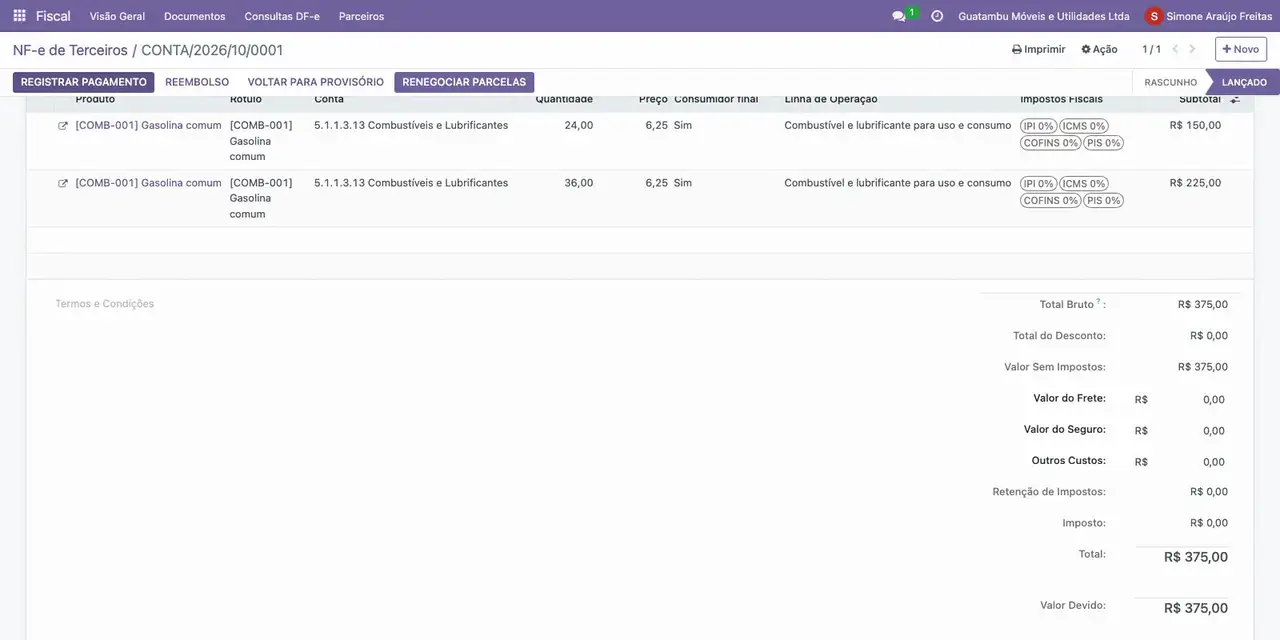 Clique em Confirmar: a fatura de 375,00 fica Lançada.