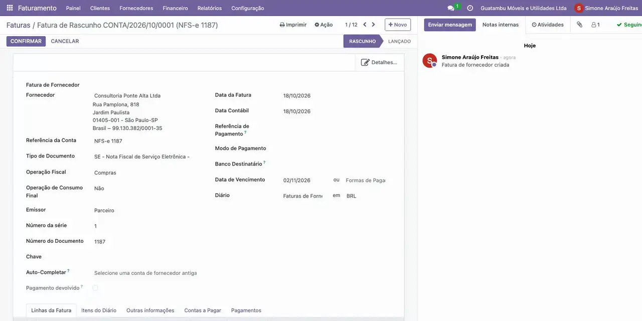 Abra o menu Fornecedores, escolha Faturas e abra a nota da Consultoria Ponte Alta, em Rascunho, de 1.000,00.