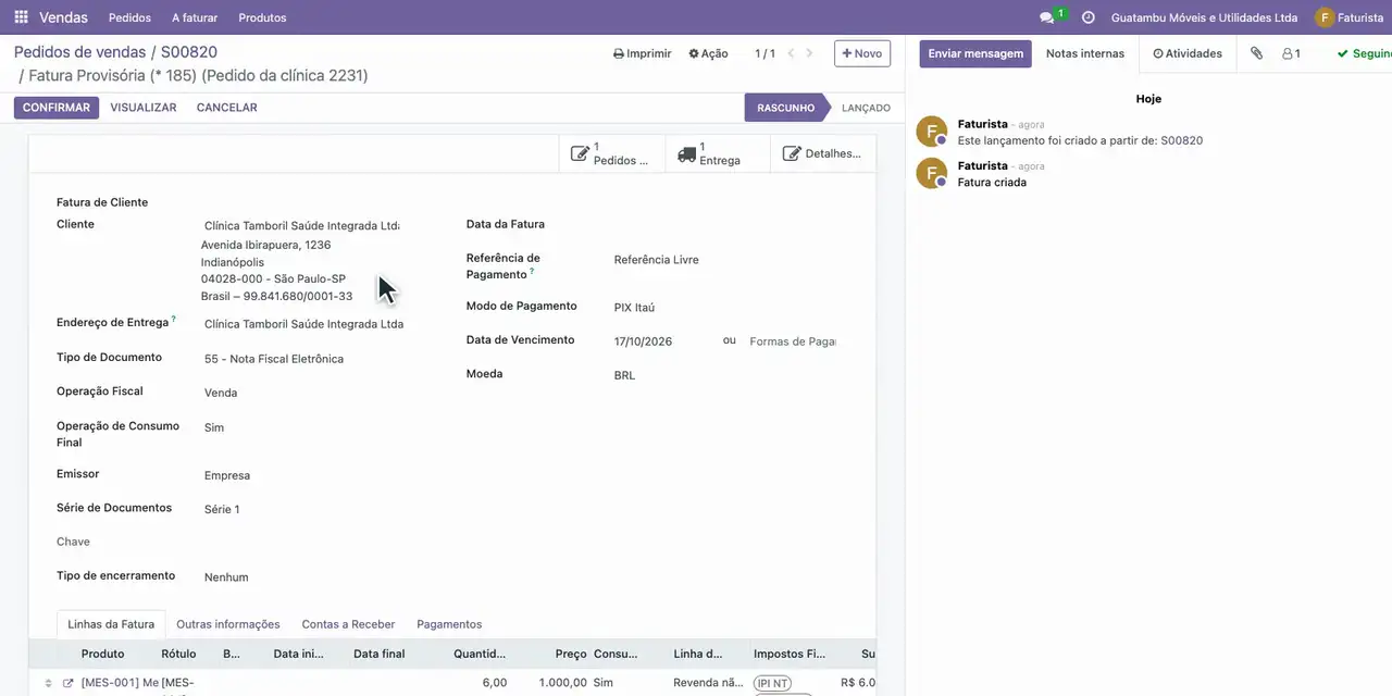 Clique em Criar fatura e em Criar e visualizar a fatura: o Odoo fatura só as 6 entregues.