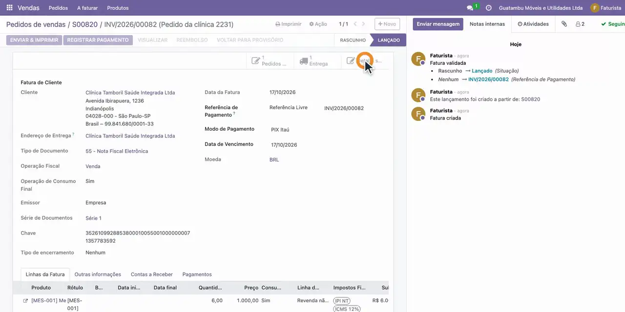 Clique em Confirmar e abra os detalhes fiscais: a NF-e número 7 fica pronta para transmitir.