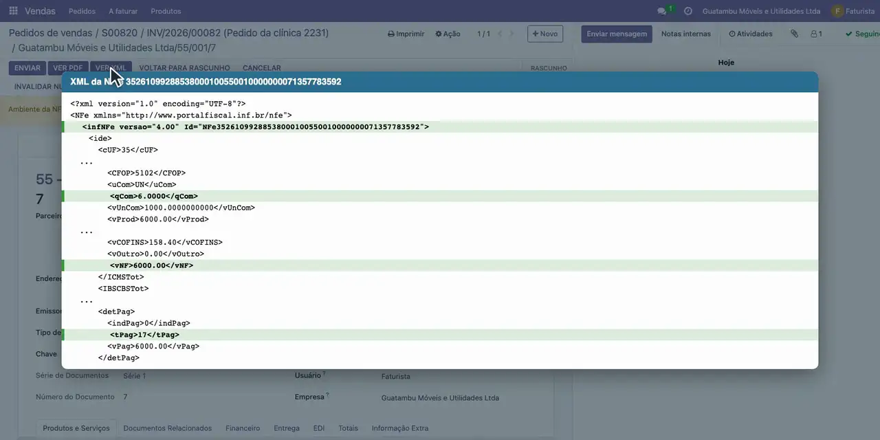 Antes de transmitir, confira no XML a chave, a quantidade de 6, o pagamento por PIX (17) e o valor de 6.000,00.