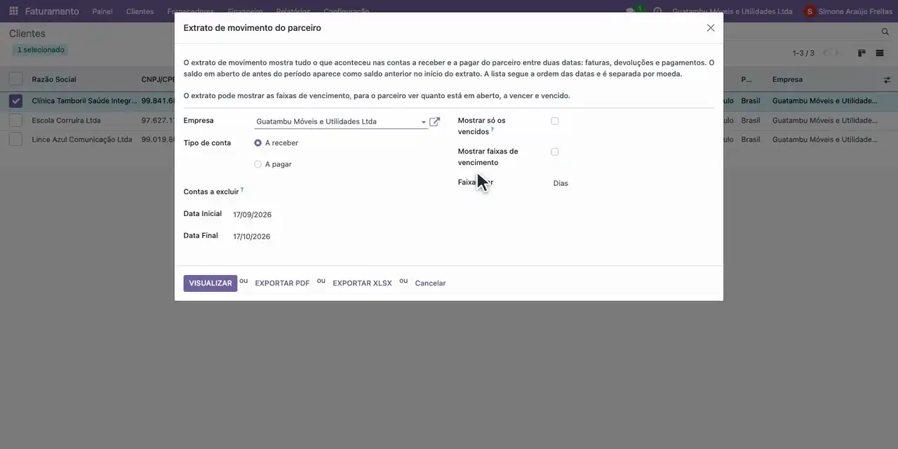 Em Clientes, selecione a Clínica Tamboril e, em Ação, escolha Extrato de movimento do parceiro.