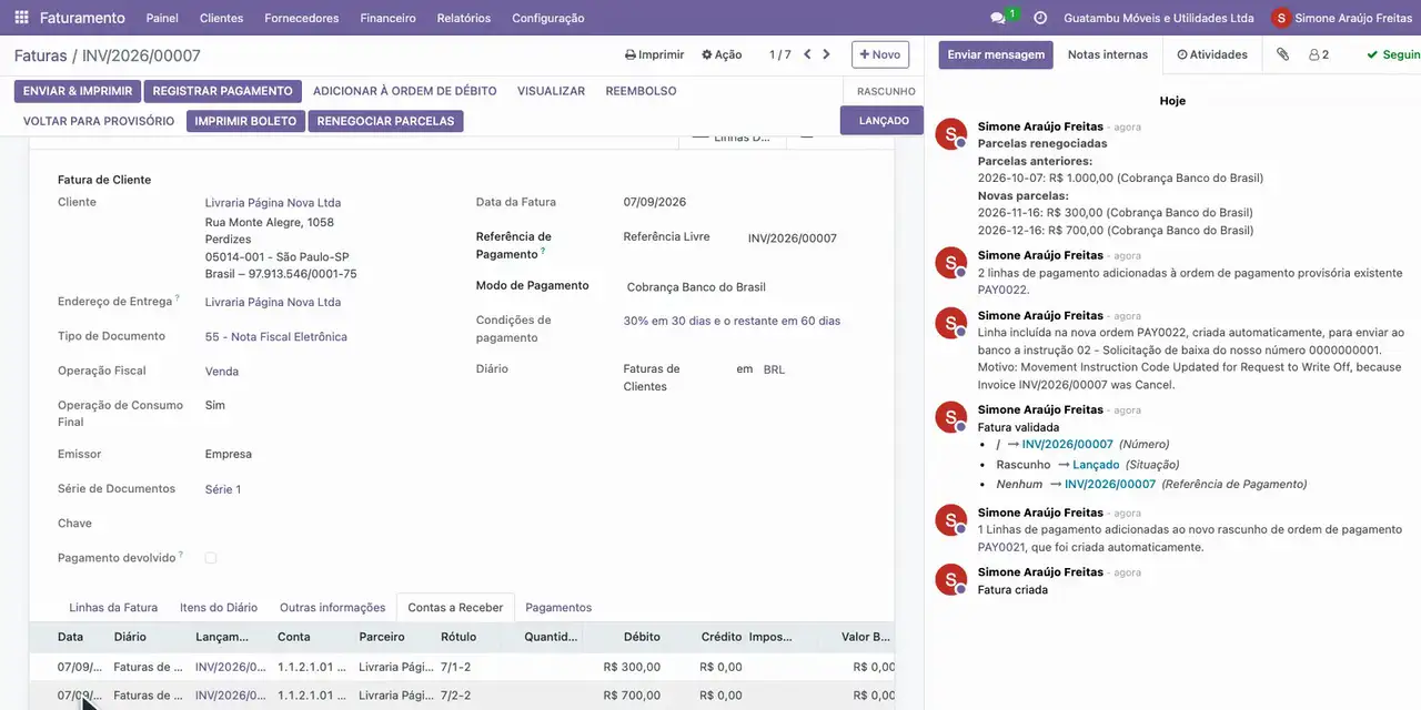 Clique em Aplicar e confira, na aba Contas a Receber, as duas parcelas novas.