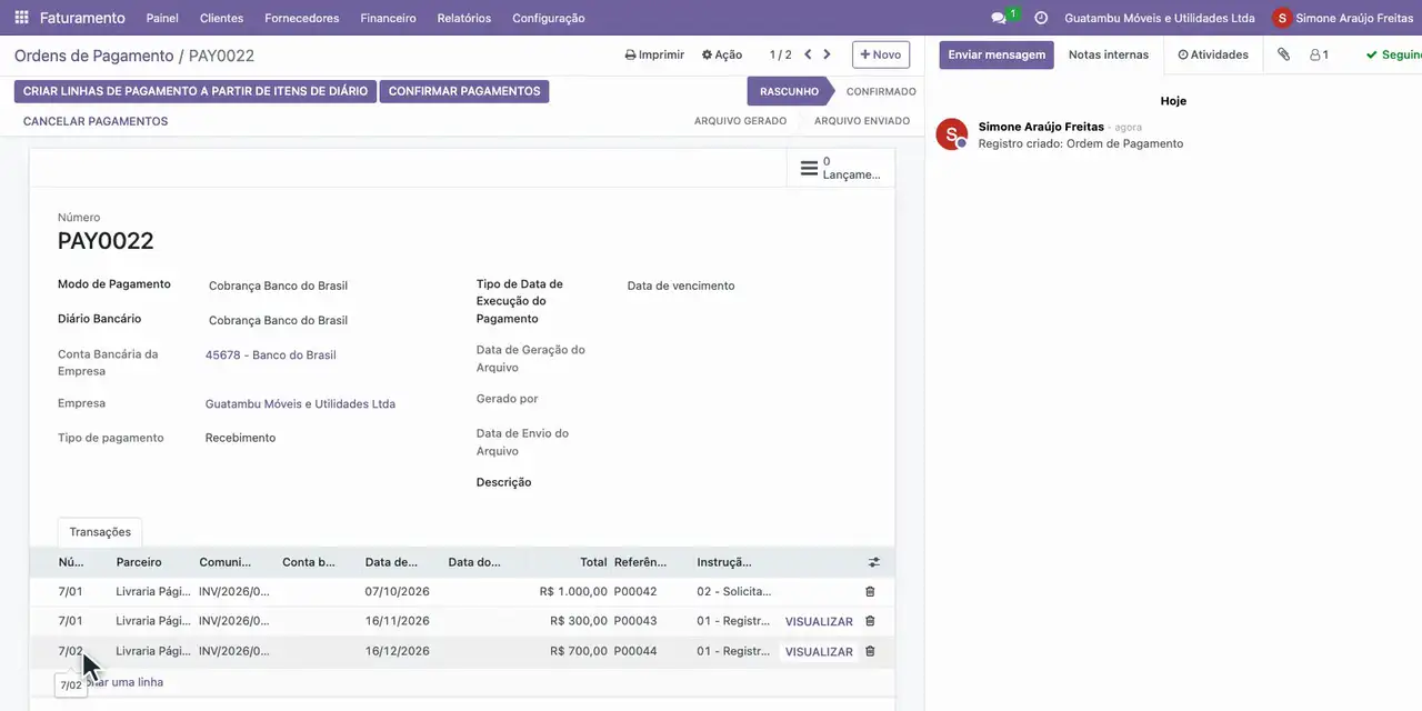 Abra o menu Clientes, escolha Ordens de Pagamento e abra a ordem nova, em Rascunho: o pedido de baixa do boleto antigo e o registro dos dois boletos novos.