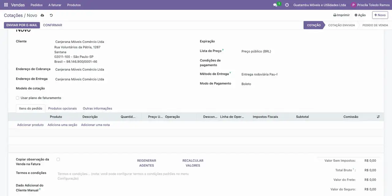 Escolha o Método de Entrega da Pau-Ferro e, em Outras informações, o Incoterm FOB.