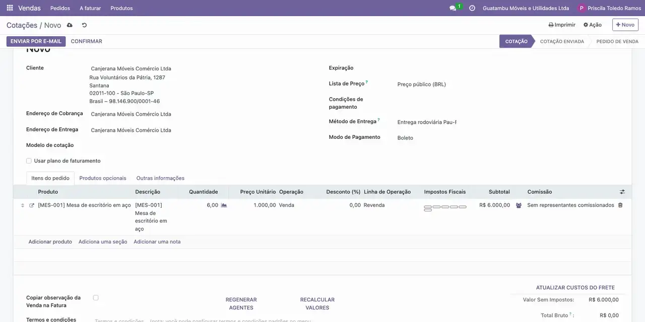 Clique em Adicionar produto e informe a mesa de escritório, 6 unidades e o preço de 1.000,00.