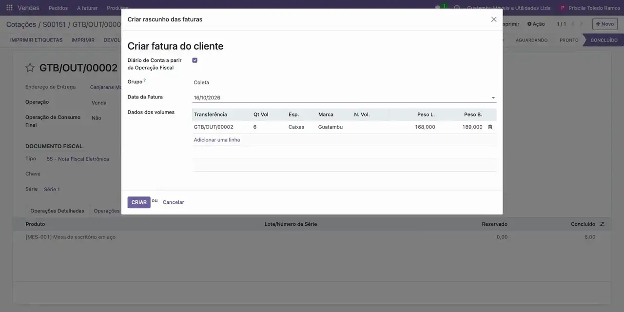 Clique em Marcado para ser faturado e em Criar fatura.