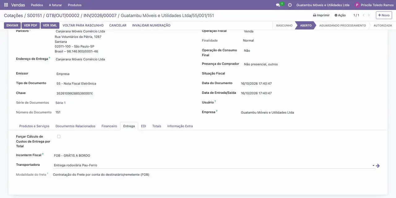 Clique em Criar, em Confirmar e em Detalhes Fiscais; na aba Entrega, confira a Transportadora e a Modalidade do frete: FOB.