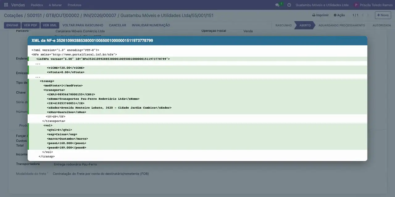 Clique em Ver XML: a modalidade de frete 1, a transportadora e os 6 volumes, com 168,000 kg líquidos e 189,000 kg brutos, conferem com a nota.
