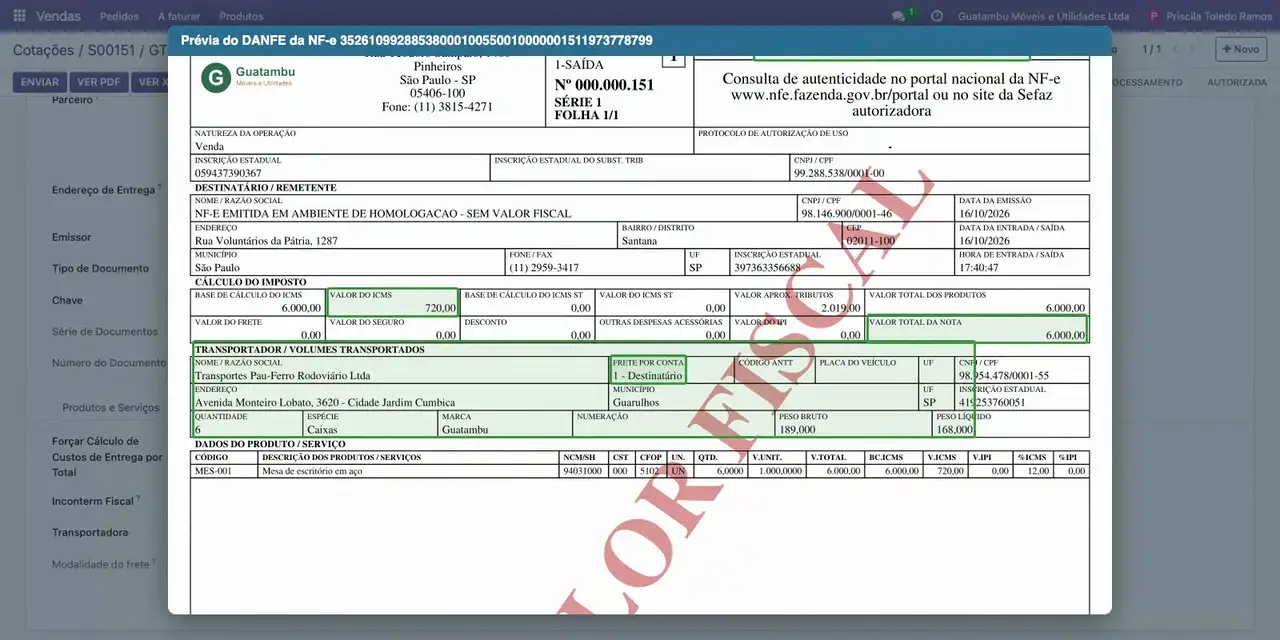 Clique em Ver PDF: o DANFE traz o frete por conta "1 - Destinatário", a Pau-Ferro e os 6 volumes, com ICMS de 720,00 e total de 6.000,00.
