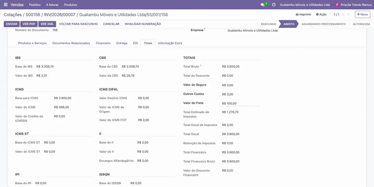 Clique em Detalhes Fiscais e, na aba Totais, confira o Valor do Frete de 100,00.