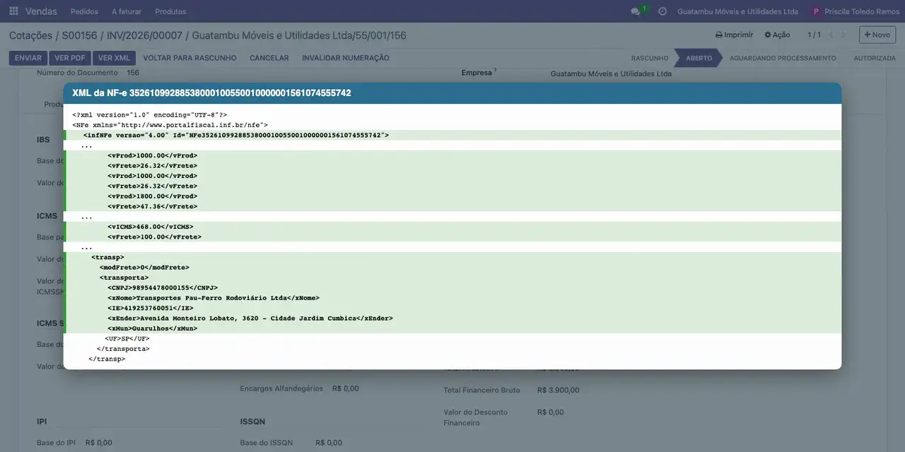 Clique em Ver XML: o frete de cada item (26,32, 26,32 e 47,36), o ICMS de 468,00 e a modalidade de frete 0 conferem com a nota.