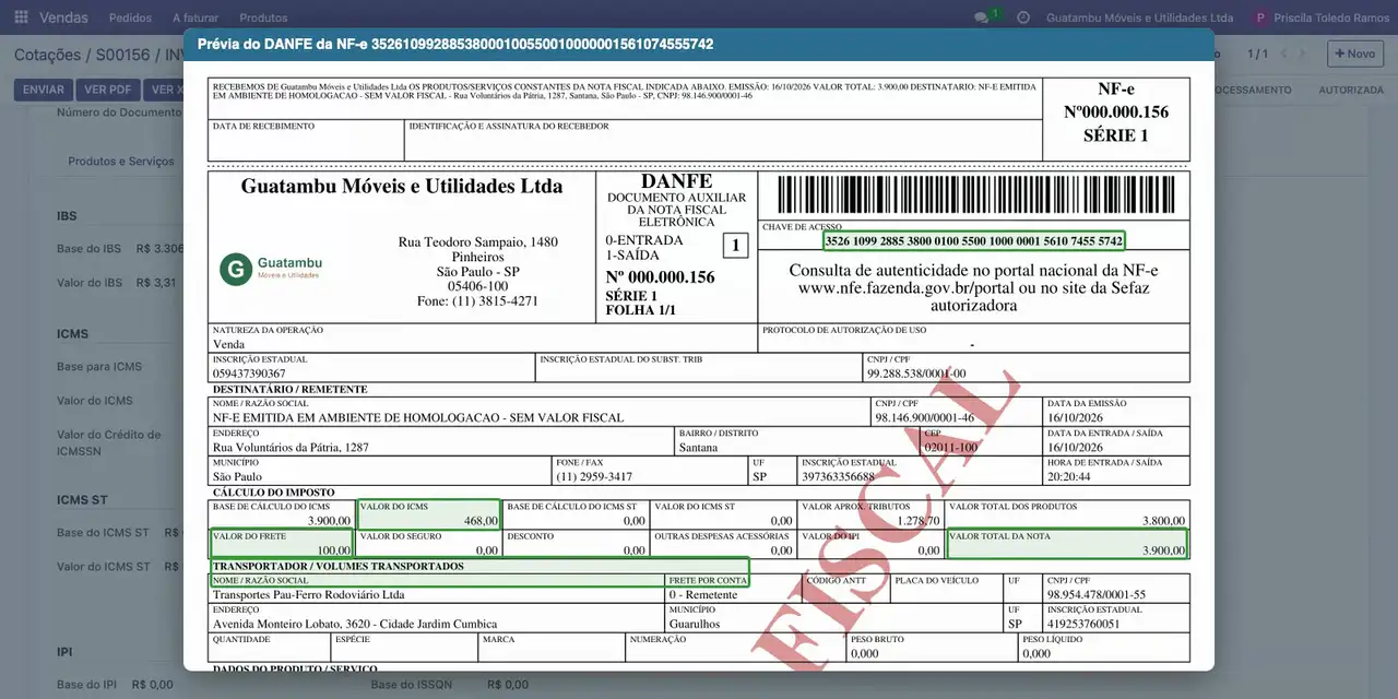 Clique em Ver PDF: o DANFE traz o valor do frete de 100,00, o ICMS de 468,00 e o total de 3.900,00.