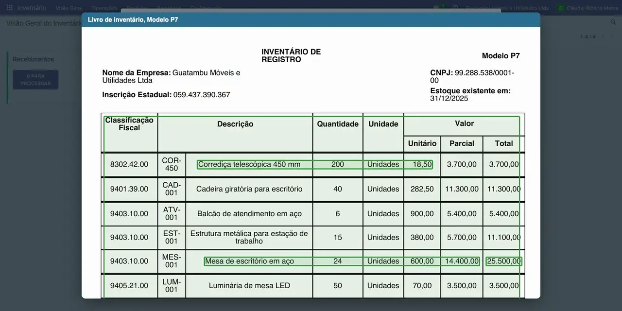 No topo do livro, confira a empresa, o CNPJ, a inscrição estadual e a data: Estoque existente em 31/12/2025.