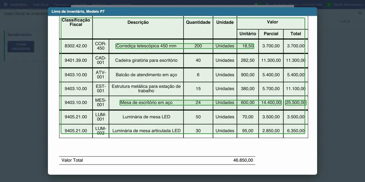 Nas linhas, confira a classificação fiscal, a quantidade e o valor unitário, que é o custo médio das compras: a Corrediça mostra 18,50.