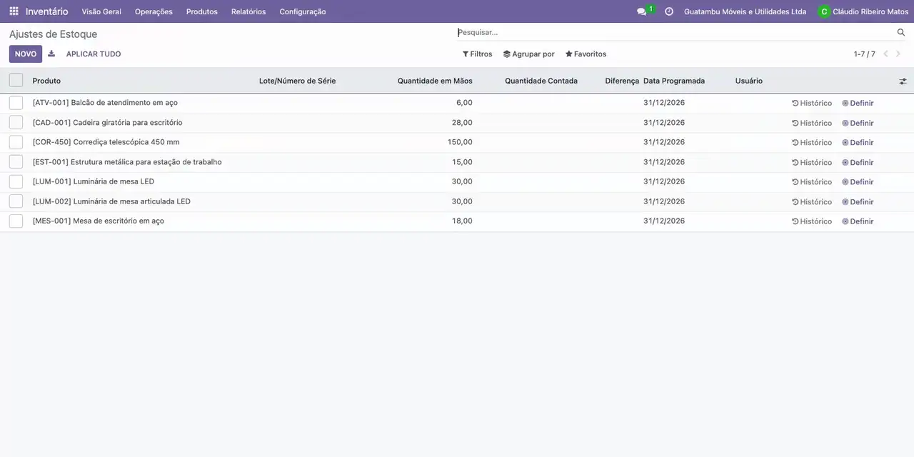 No Inventário, abra Operações e clique em Ajustes de Estoque.