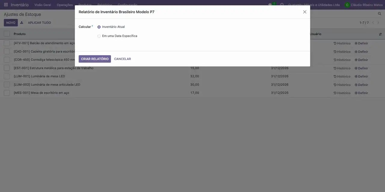 Abra Relatórios e clique em Relatório de Inventário Brasileiro Modelo P7.