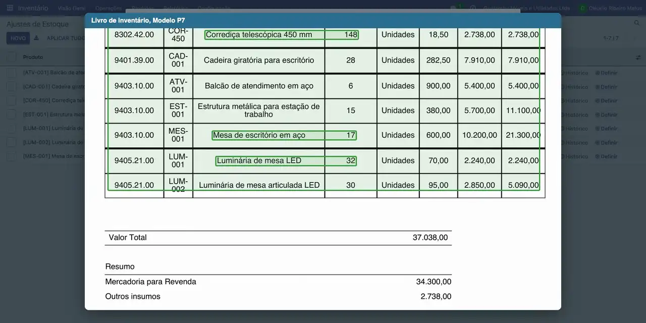 Nas linhas do livro, confira as quantidades contadas: Mesa 17, Luminária de mesa LED 32 e Corrediça 148.