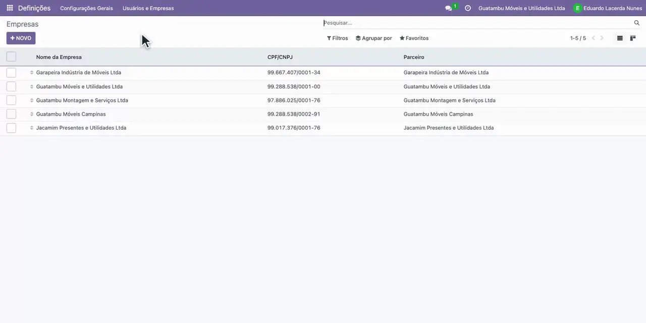 Abra Definições, Usuários e Empresas, Empresas.