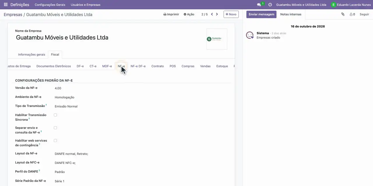 Abra a aba Fiscal e a subaba NF-e.
