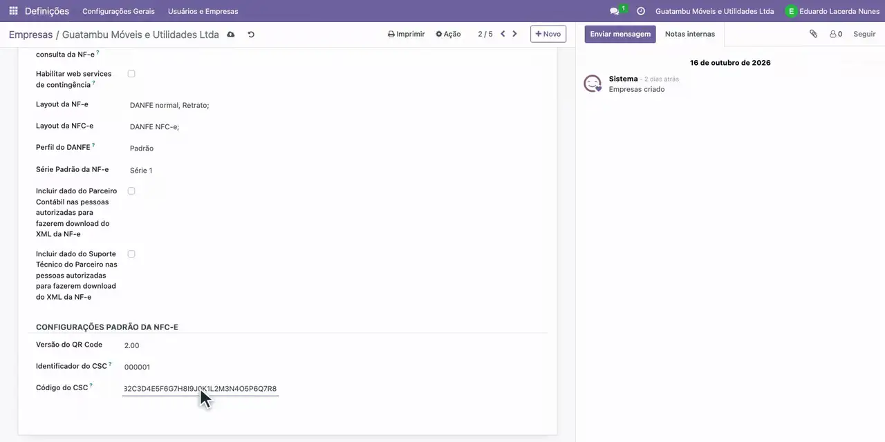No Código do CSC, informe o código fornecido pela SEFAZ.