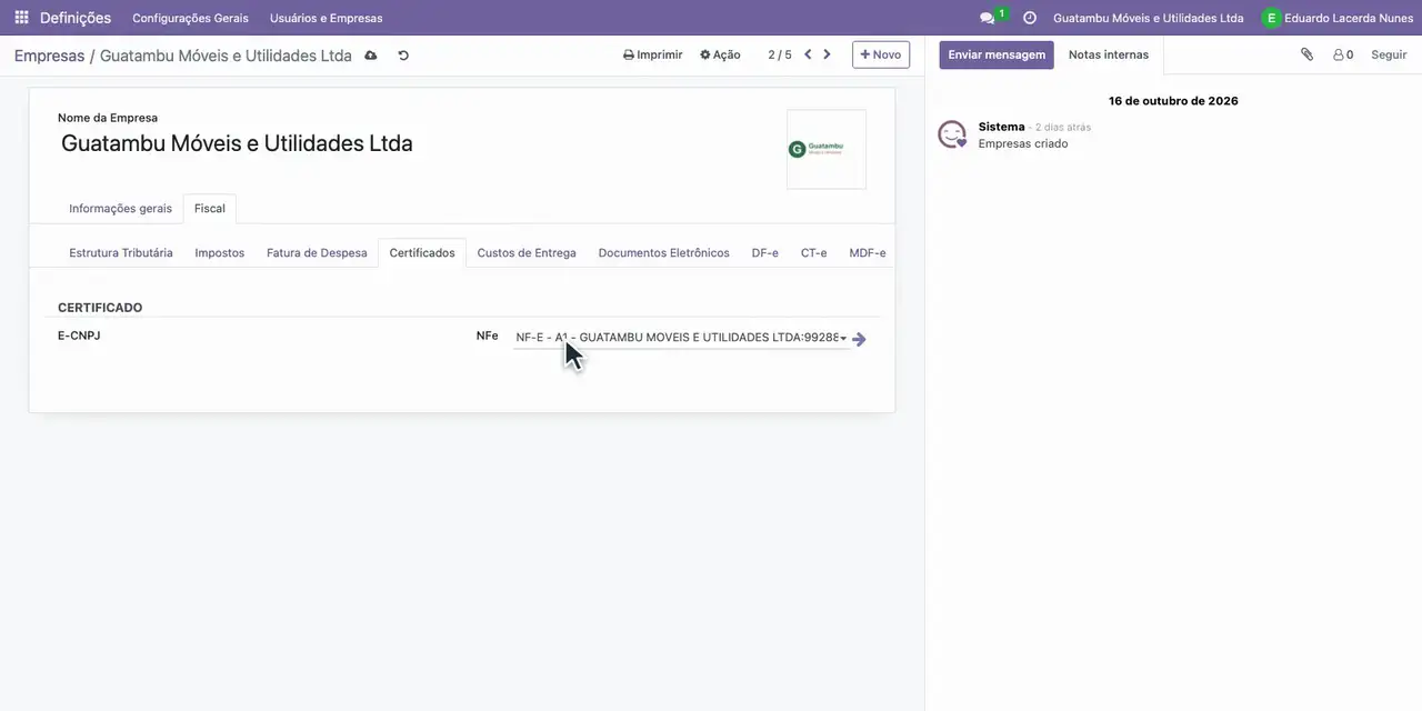 Na aba Certificados, confira o certificado A1 da empresa.