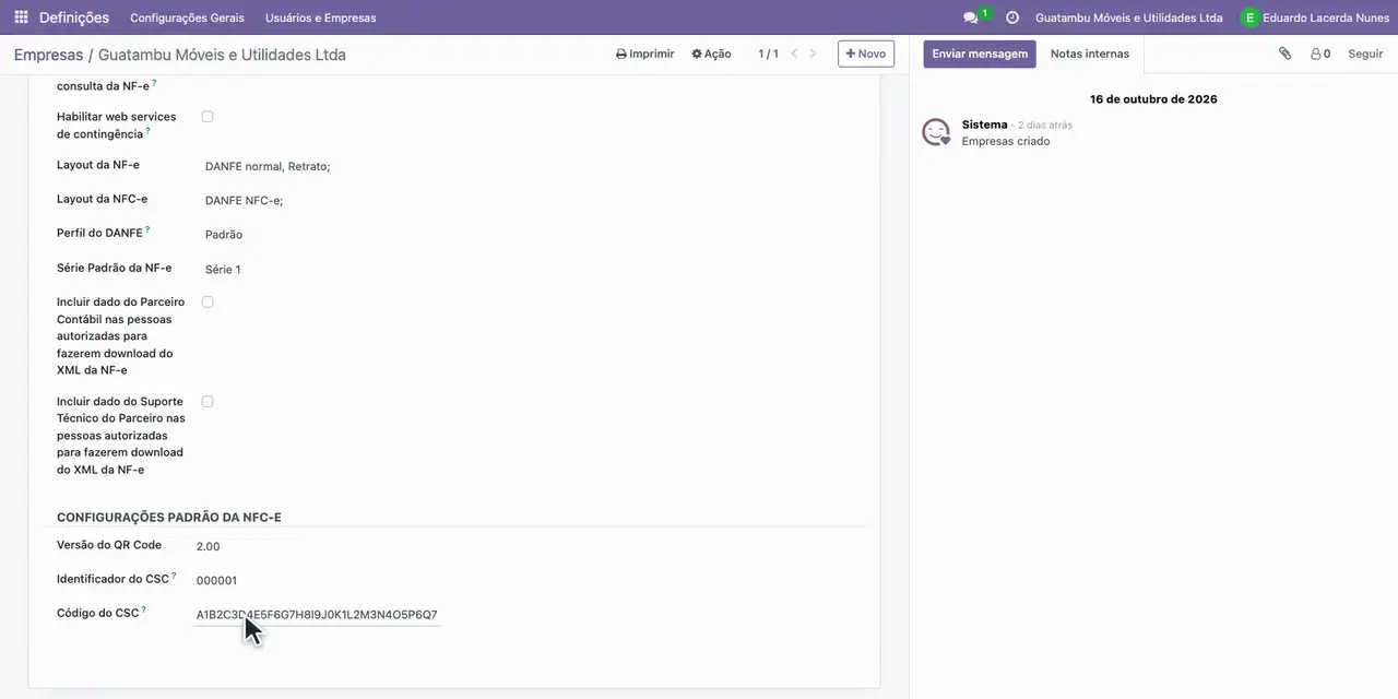 Confira o Identificador e o Código do CSC gravados na subaba NF-e.