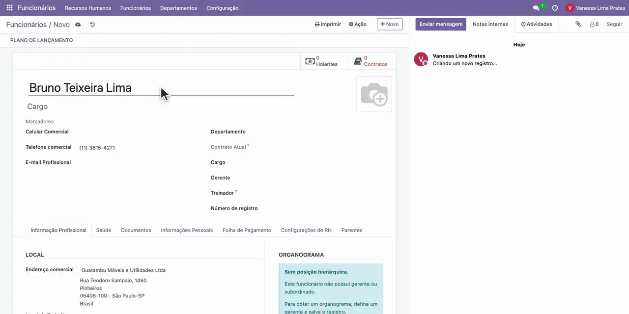 No nome do funcionário, digite Bruno Teixeira Lima.