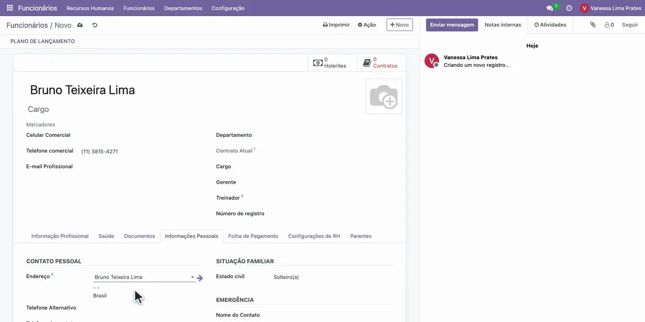 Na aba Informações Pessoais, crie o Endereço com o nome do funcionário.