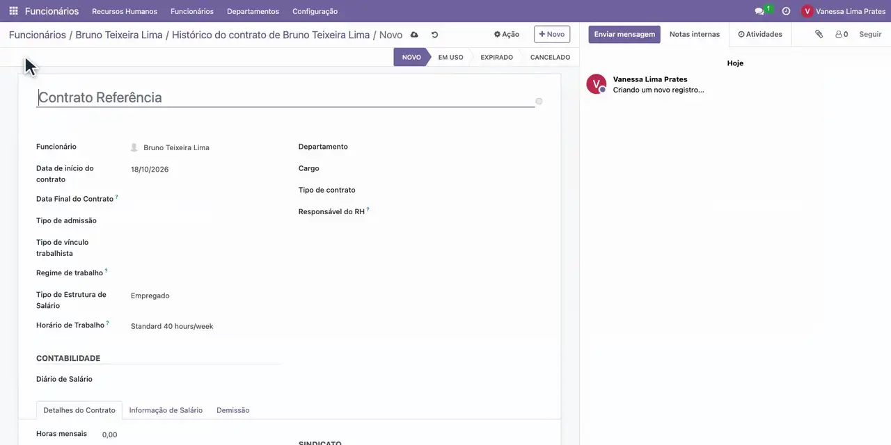 Clique em Criar para abrir o contrato do funcionário.
