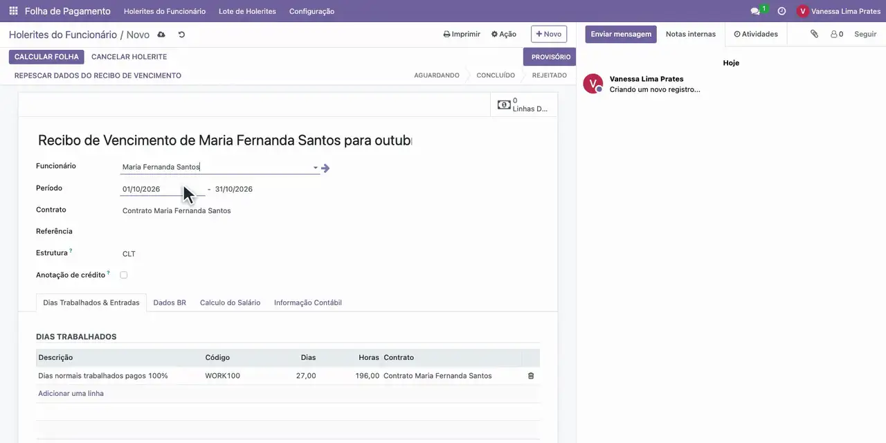 No campo Funcionário, escolha Maria Fernanda Santos: o contrato e a estrutura CLT são preenchidos.