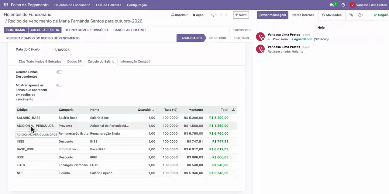 Abra a aba Calculo do Salário e confira o Salário Base de 5.200,00 e a Periculosidade de 1.560,00.