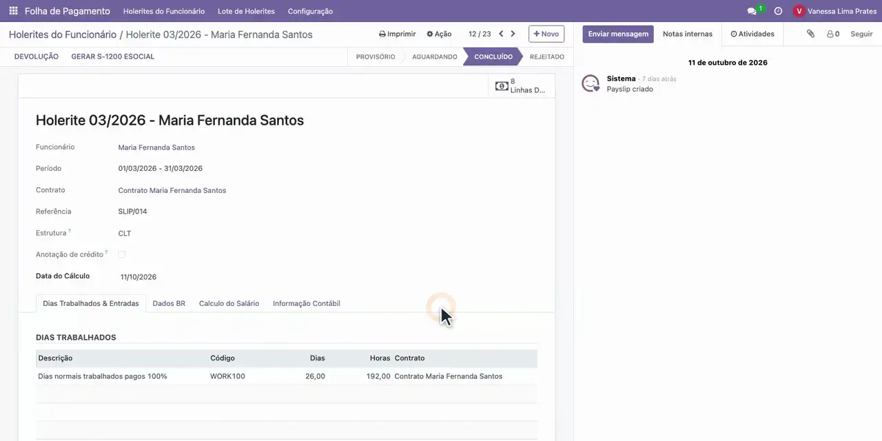 Na lista, abra o holerite 03/2026 de Maria Fernanda Santos, já Concluído.