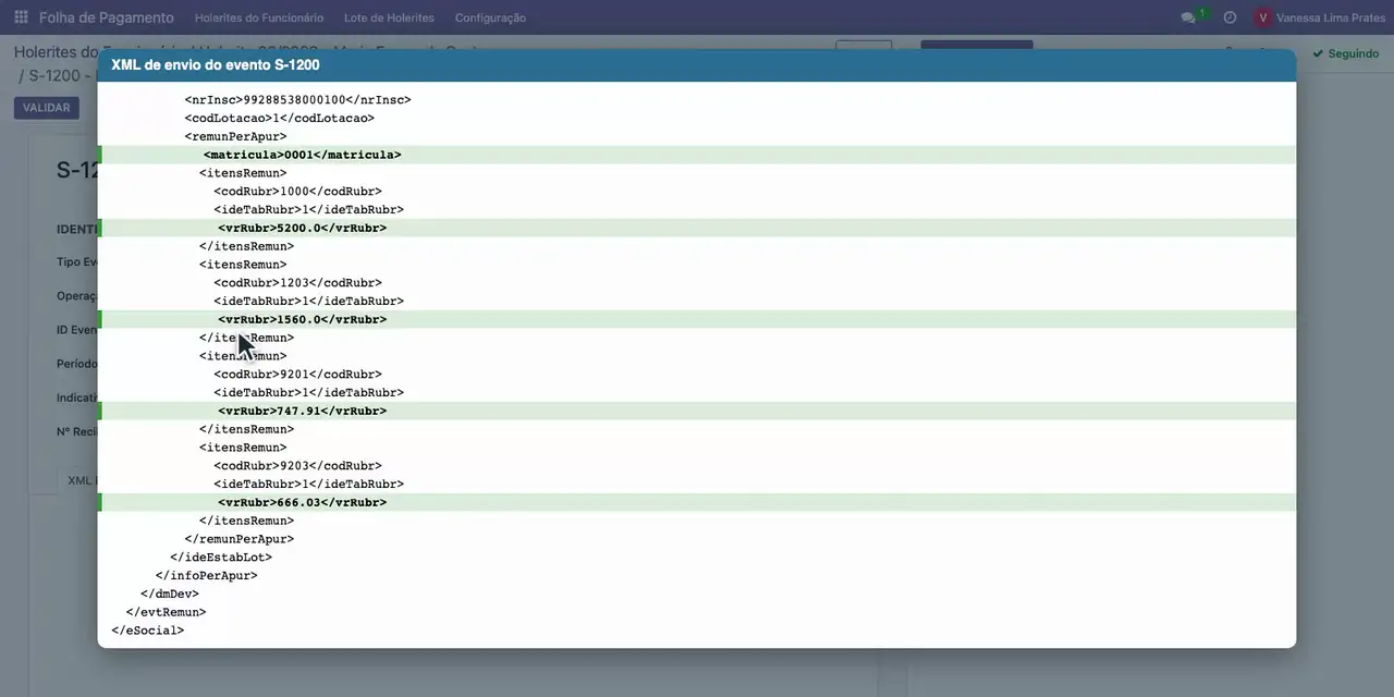 Na aba XML Envio, confira a matrícula, as rubricas e os valores copiados do holerite.