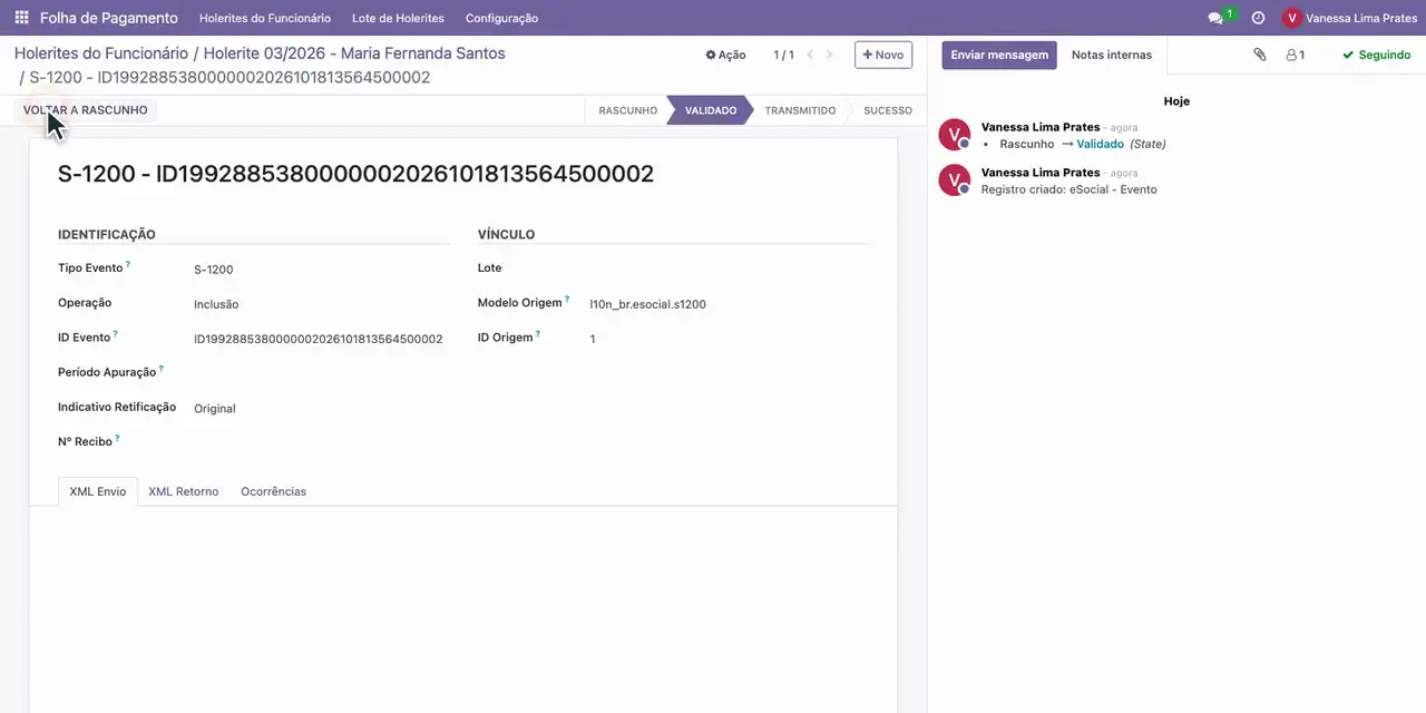 Clique em Validar: o evento passa para Validado e pode entrar em um lote.