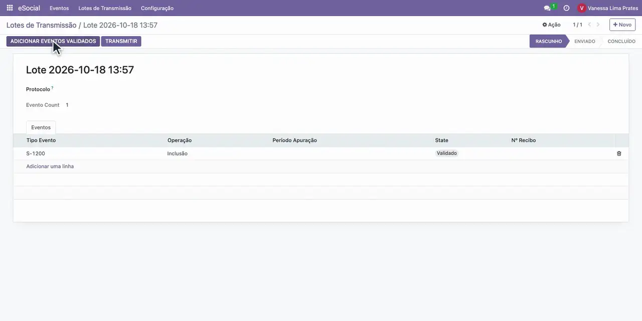 Clique em Adicionar eventos validados: o evento S-1200 entra no lote, pronto para a transmissão.