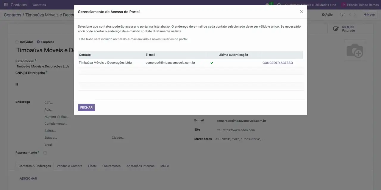 Clique em Ação e em Conceder acesso ao portal.