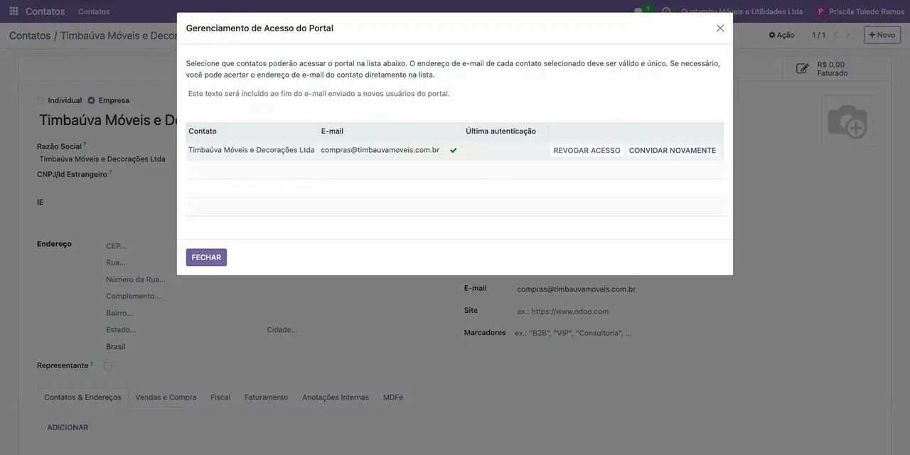Na janela Gerenciamento de Acesso do Portal, confira o Contato e o E-mail e clique em Conceder acesso.