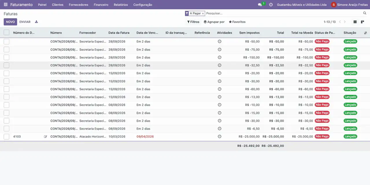 No Faturamento, abra Fornecedores e Faturas e aplique o filtro A Pagar.