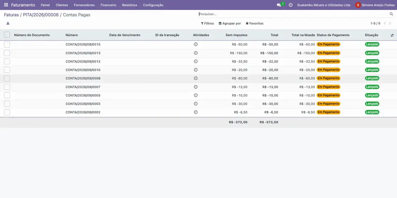 Clique no botão 9 Conta do pagamento: as nove faturas ficam Em Pagamento.