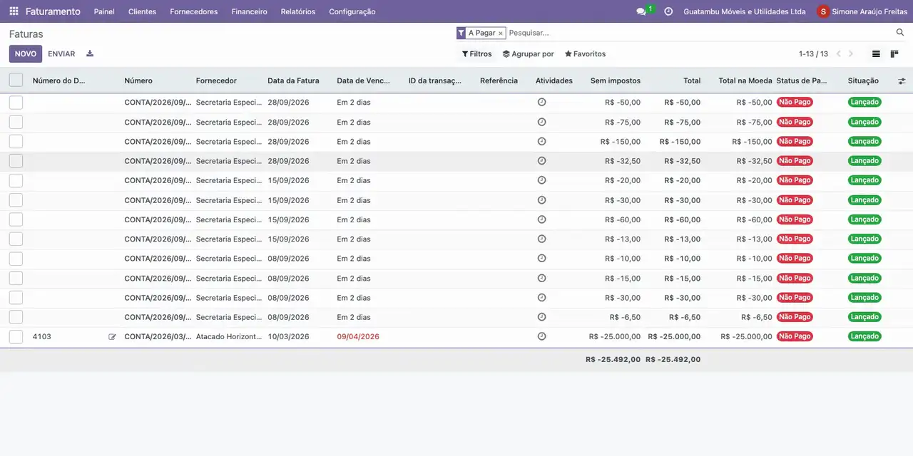 No Faturamento, abra Fornecedores e Faturas e aplique o filtro A Pagar.