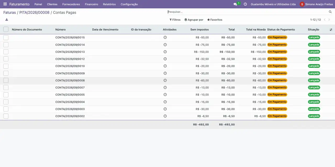 Clique no botão 12 Conta do pagamento: as doze faturas ficam Em Pagamento.