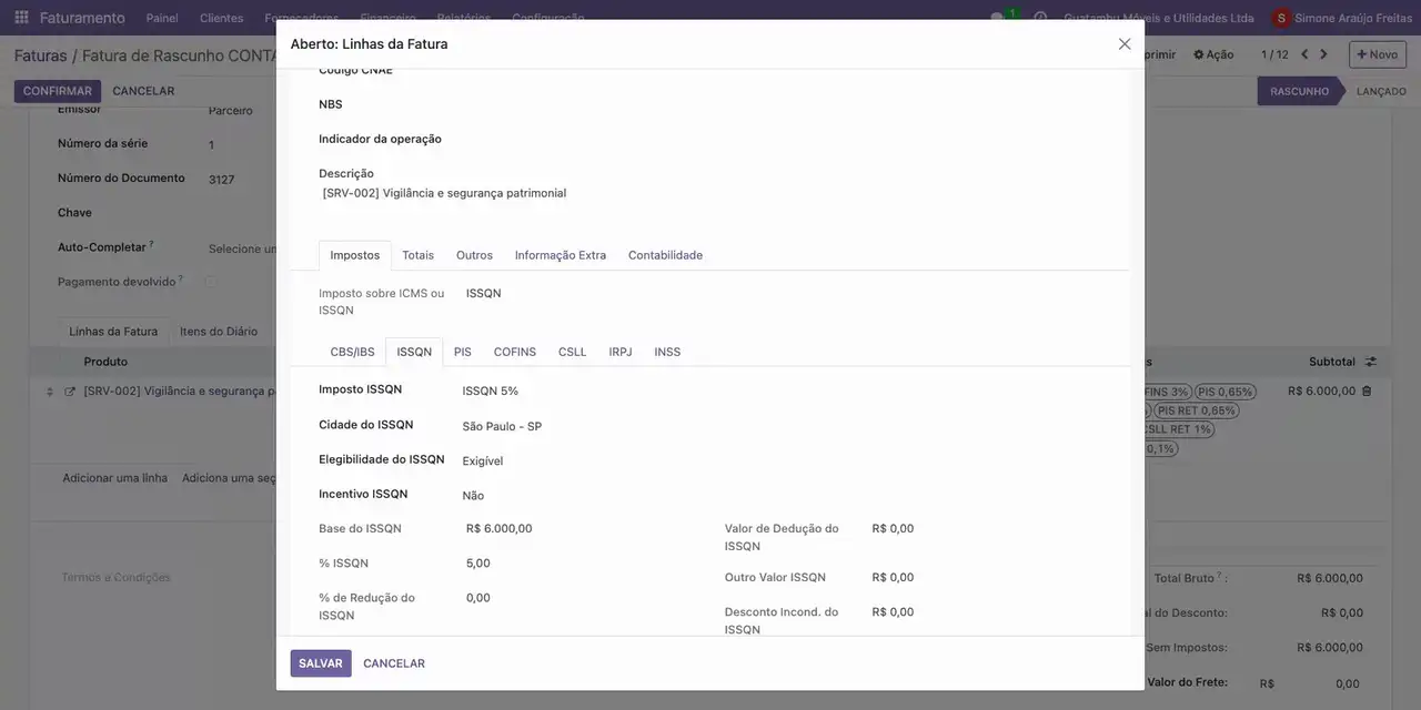 Abra a linha do serviço de vigilância e a aba ISSQN.