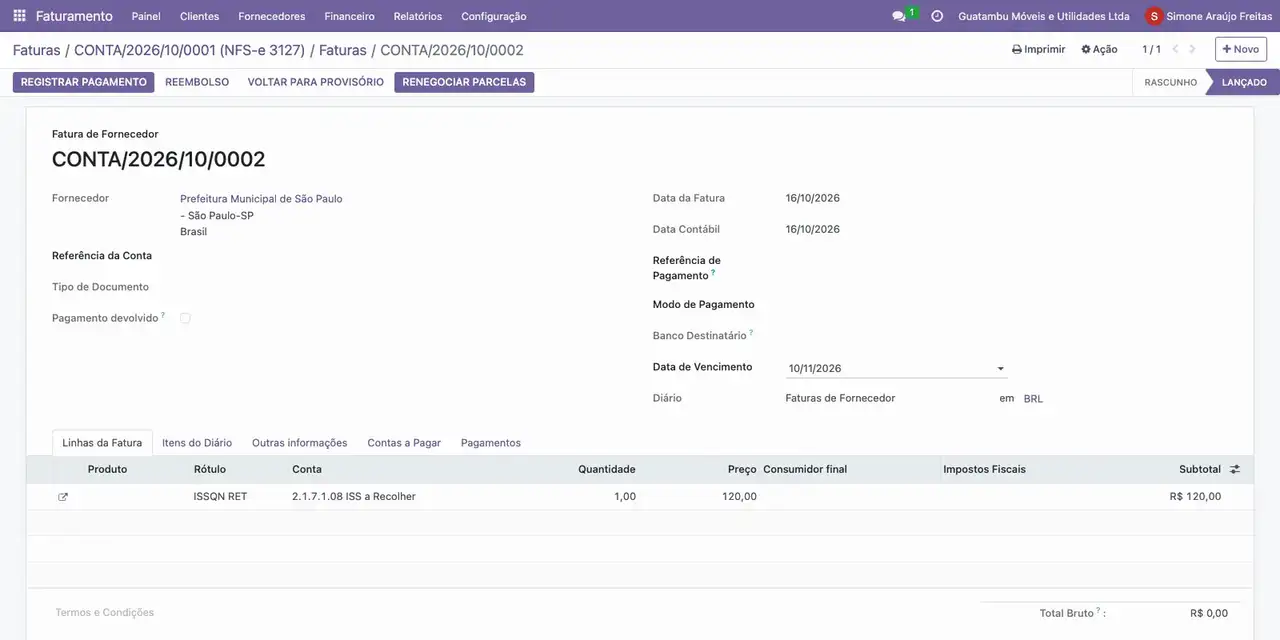 Abra Faturas De Retenção e a guia: ISS de 120,00 à Prefeitura, vencimento em 10/11/2026.