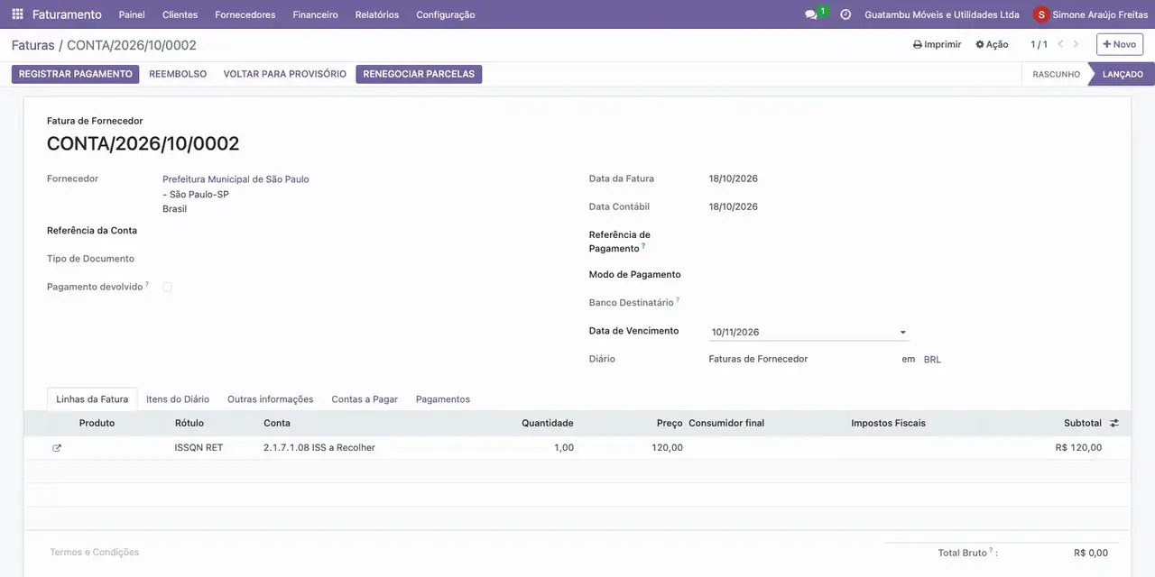 Abra a fatura da guia do ISS e confira o valor de 120,00 e o vencimento de 10/11/2026.