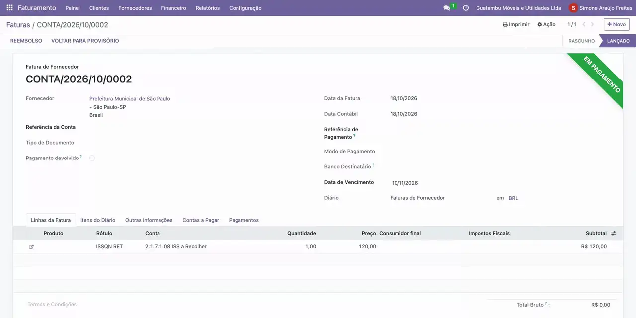 Clique em Registrar pagamento, escolha o diário Itaú e escreva o Comentário da guia.