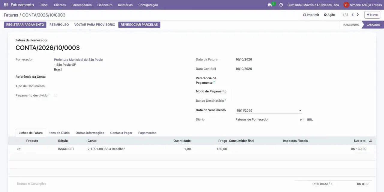 Abra a guia nova do ISS, de 130,00: vencimento em 10/11/2026.