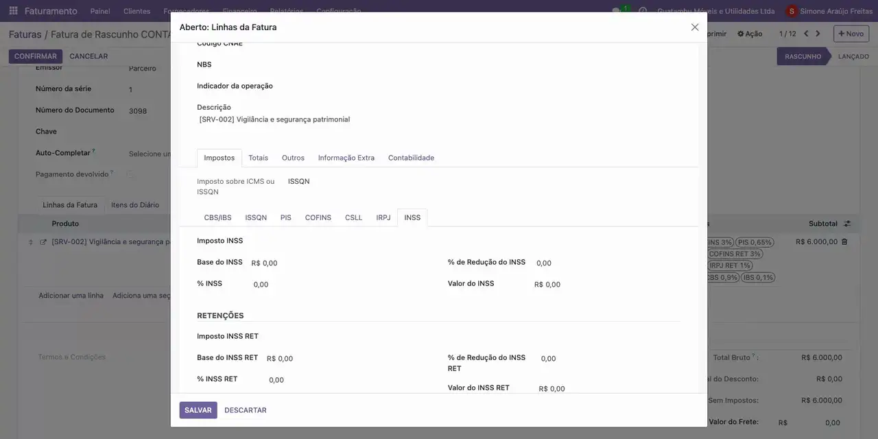 Abra a linha do serviço de vigilância e a aba INSS.