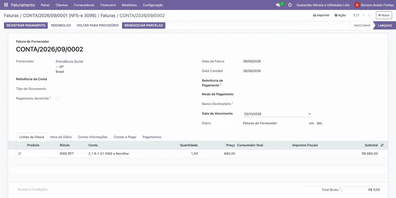 Abra Faturas De Retenção e a guia: INSS de 660,00 à Previdência Social, vencimento em 20/10/2026.